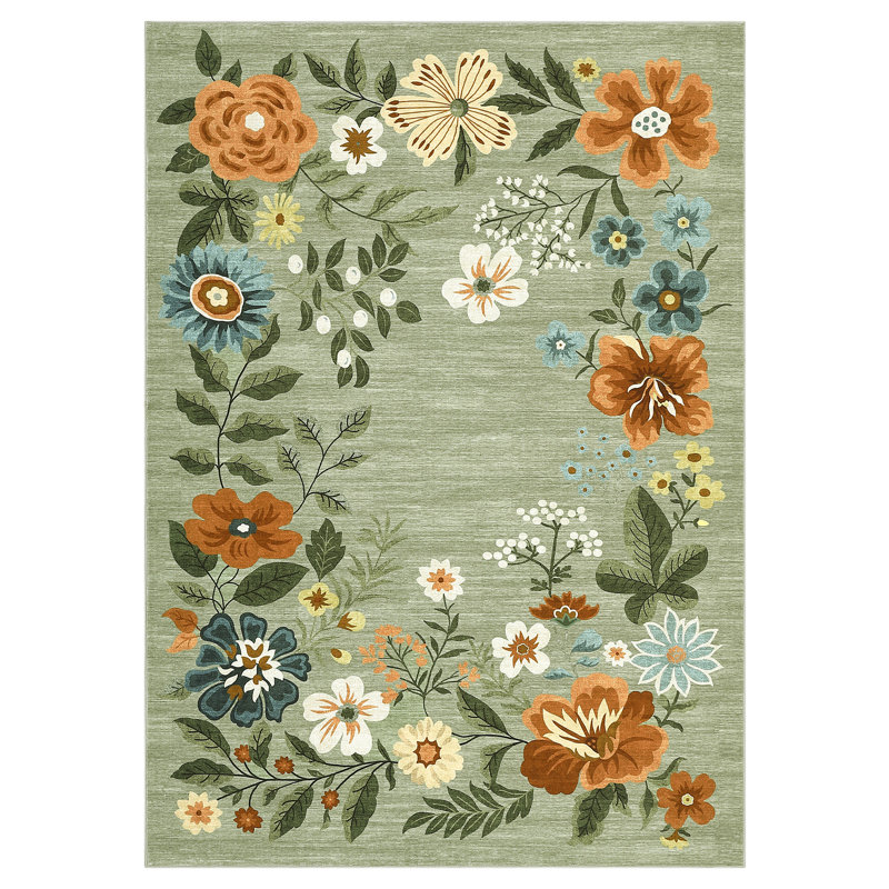 4'x6' Floral Wreath Area Rug, Washable Non Slip Non Shedding Low Pile Stain Resistant Foldable Soft Carpet for Entryway Kitchen Bathroom Green