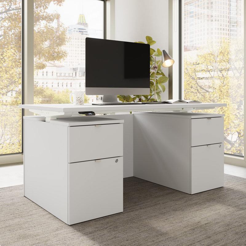 Bush Business Furniture Stratus 60W X 30D Electric Standing Desk With Drawers And Modesty Panel, White