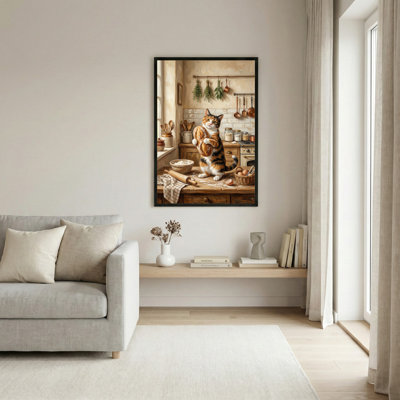 Toile noire encadrée en bois noir pour le salon, la chambre à coucher, le bureau ou le vestibule - Décoration murale décorative avec cuisine pour chat