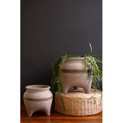  Set of 2 Striped Terracotta Planters Rustic Accent 11" Tall