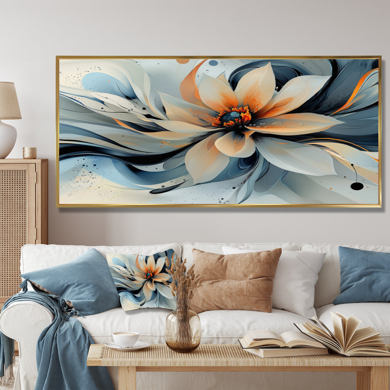 Jacaury turquoise Dahlia fleurs en couches I - art mural Dahlia pour le salon, H 28 po x l 60 po, Floater Framed, Doré