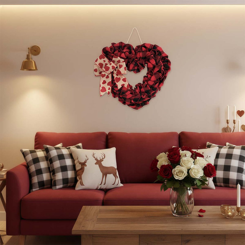 Couronne de Saint-Valentin en forme de cœur en toile de jute, tissu écossais Buffalo de 15,75 pouces avec décoration de Saint-Valentin