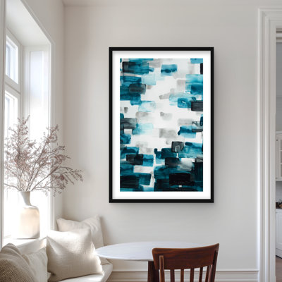 Turquoise and Grey Squares - Framed Matted Home Decor Print