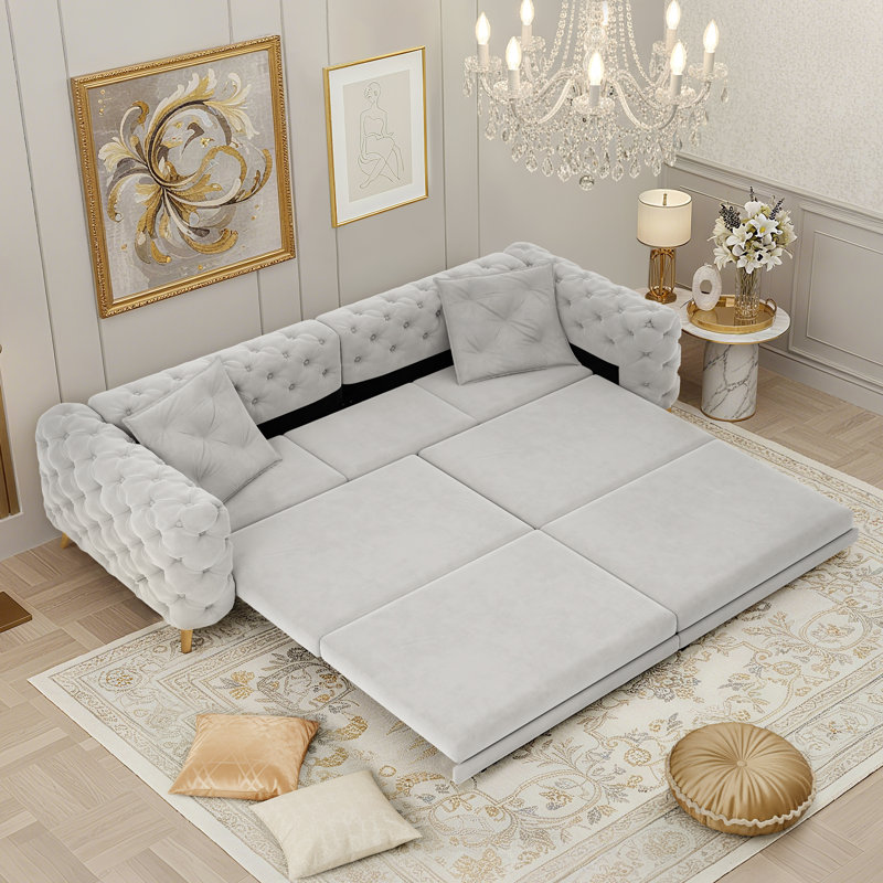 Canapé-lit Chesterfield de 97,7 po avec canapé-lit convertible en velours avec 2 coussins et repose-pieds amovible