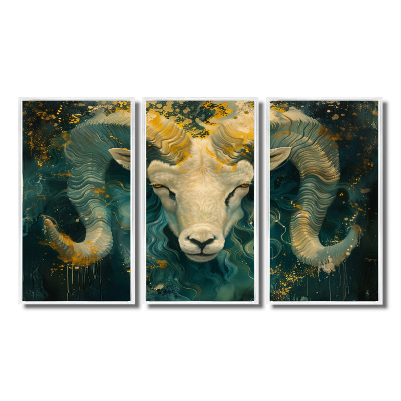 Astrologie verte et jaune «Aries Awakening I» «Astrologie verte et jaune Aries Awakening I» - 3 pièces, Cadre flottant blanc