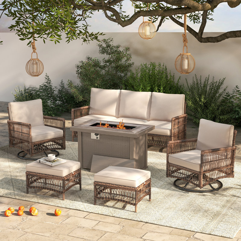 Ashjian Wicker Patio Conversation Set with Fire Pit Table, Yes, Cream