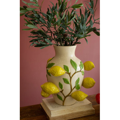  Large Ceramic Lemons Vase – 11" Tall Bright Yellow Fruit Motif Décor