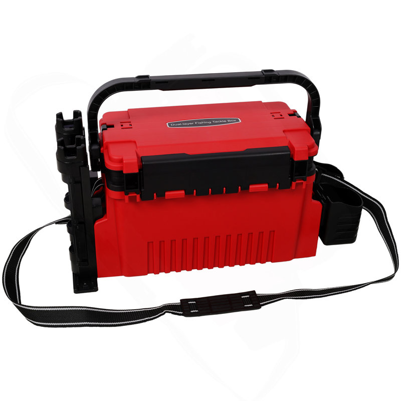 Dual-Layer Fishing Tackle Box,Tackle Box Organizer Fishing Box Large,With 2Pcs Rod Holder,2Pcs Cup Holder,1Pc Carring Strap,Red