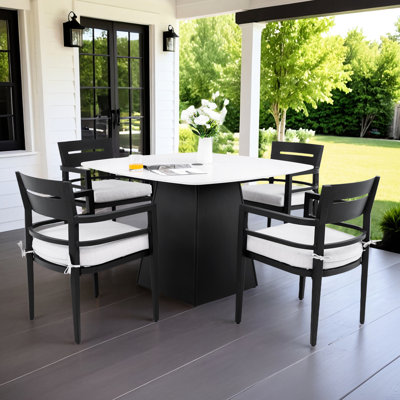 Contemporary 5 - Piece Outdoor Dining : 44" Sintered Stone Table, 4 Comfortable Armchairs And Stain Cushions, Weather Featuring Rounded Square Ergonomic Rust Aluminum