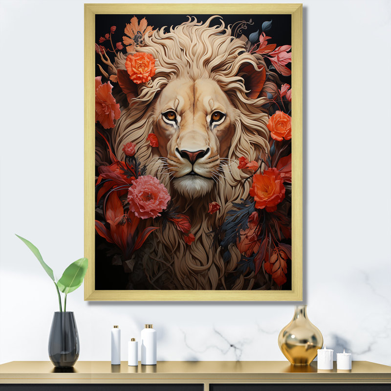 «Fierce Guardian Blooming Lion», reproduction d'art sur toile, Cadre doré simple, H 44 po x l 34 po x P 1,5 po