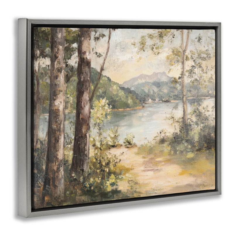Cadre flottant Peaceful Lakeside Landscape, design par Petal Prints Design, H 17 po x l 21 po, Cadre flottant gris lustré