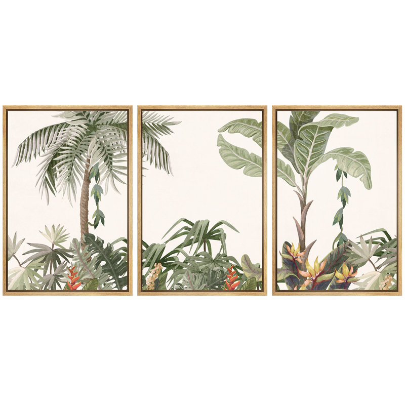 «Soft Neutral Tropical Palms and Botanical Greenery», reproduction d'art sur toile encadrée 3 pièces., Cadre naturel