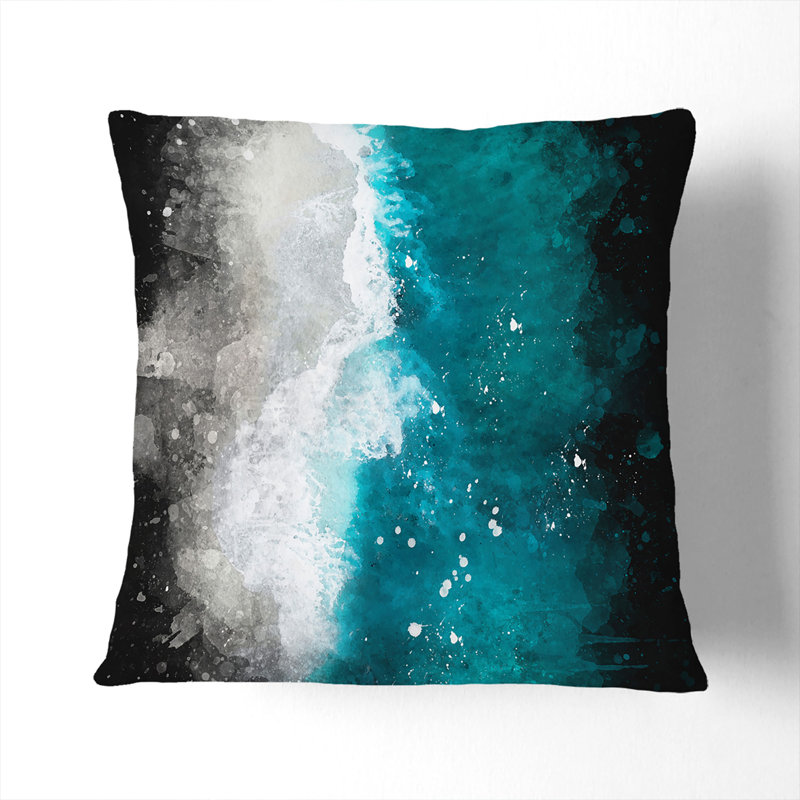 Ocean Kissing the Beach Paint Splash Cushion with Filling, 40cm H x 40cm W x 15cm D, Stone