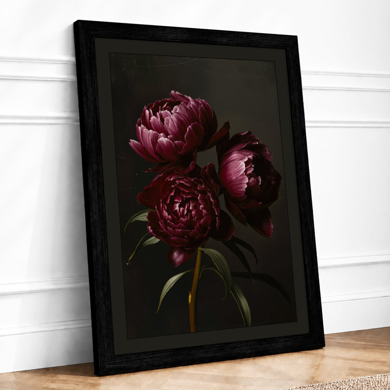 Burgundy Peonies Botanical - Framed Print, A2 - 59.4 x 42.0 cm, Black