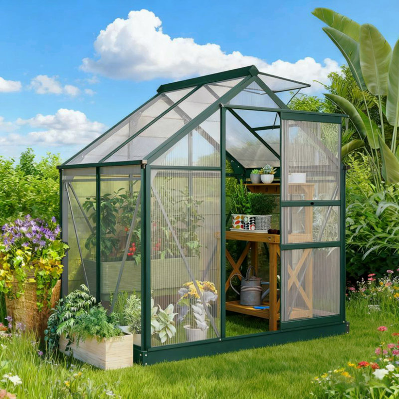 Serre pour l'extérieur, serre en polycarbonate avec gouttière et évent de toit, Vert foncé, H 6,6 po x l 6,2 po x P 4,3 po