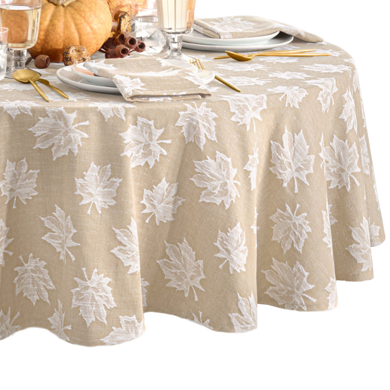 Mattox Falling Leaves Jacquard Cotton Tablecloth, Taupe, 70"  x 70" Round
