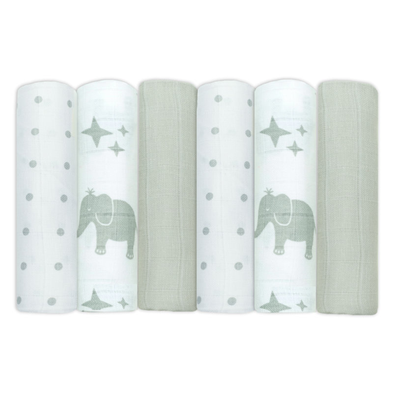 6pk Grey Elephant Combo Muslin Squares Grey/Elephant/Grey Spot