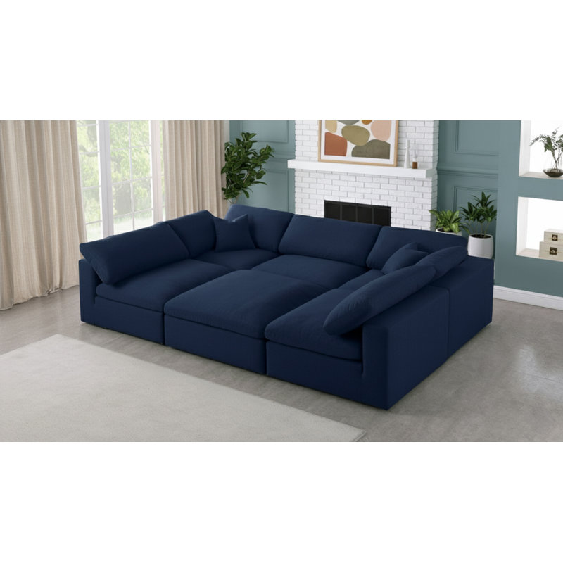 Modulaire réversible avec repose-pieds de 119 po de largeur Burrows, Tissu texturé en lin bleu marine