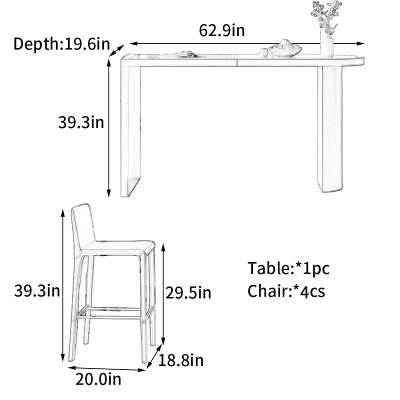 Table de bar en cuir italien, H 39,3 po x L 62,9 po x l 19,6 po
