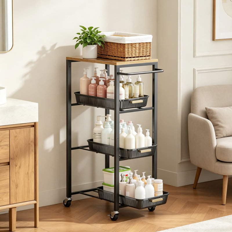 Chariot de rangement roulant à 4 niveaux avec tiroirs coulissants, organisateur utilitaire en métal avec roues verrouillables et plateau en bois pour la salle de lavage, la cuisine, la salle de bain et le bureau
