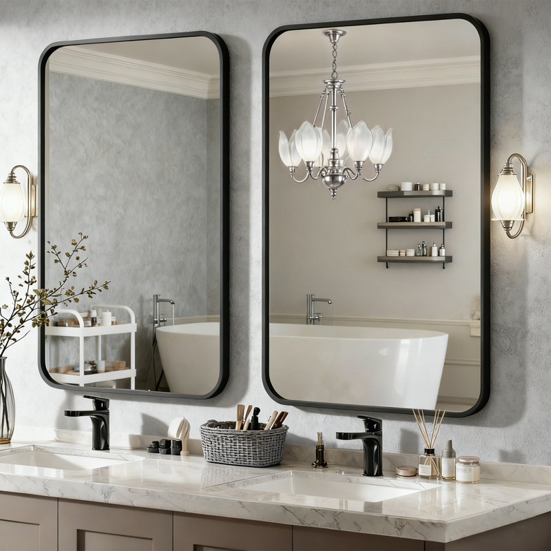 Modern Metal Vanity Mirrors, Wall Mounted Bathroom Mirror, Matte Black, 36" x 24", Rounded Corners