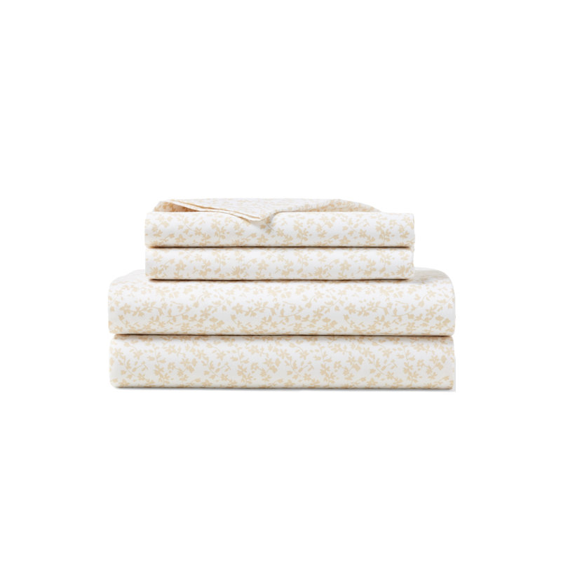 Grand drap floral Spencer, Ensemble de draps pour grand lit avec 2 taies d'or, Beige