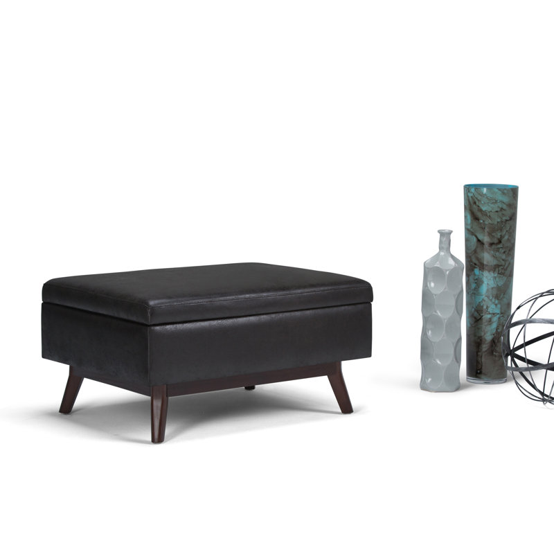 Mid-Century Modern Distressed Black Wood Rectangular Storage Ottoman