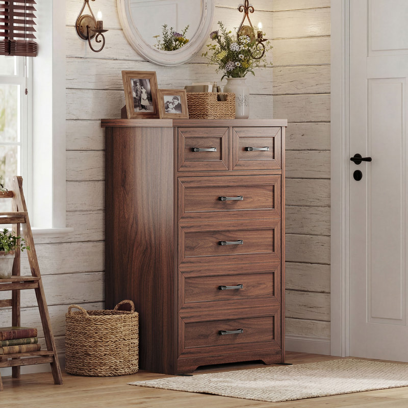 Farmhouse Vertical Dresser With 6 Large Drawers, Tall Storage Dresser With Spacious Drawer Organization, Bedroom Dresser With Sturdy Wood Frame