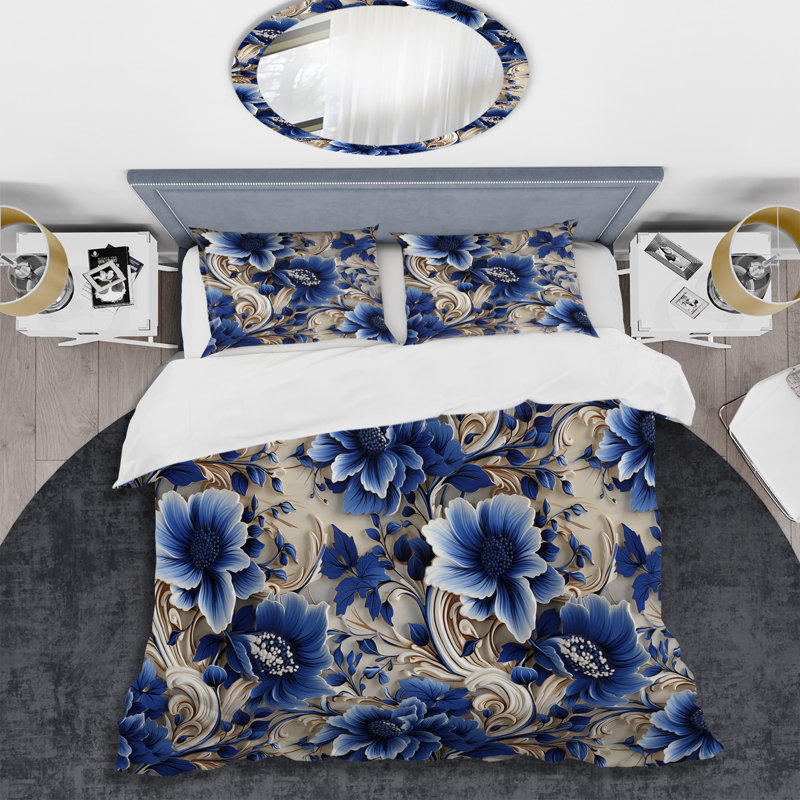 Ensemble de housse de couette à motif floral victorien bleu et blanc cobalt III