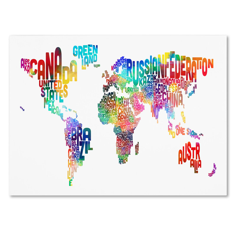 « world text map » par michael thompsett, art textuel sur toile tendue encadrée, H 14 po x l 19 po x P 2 po