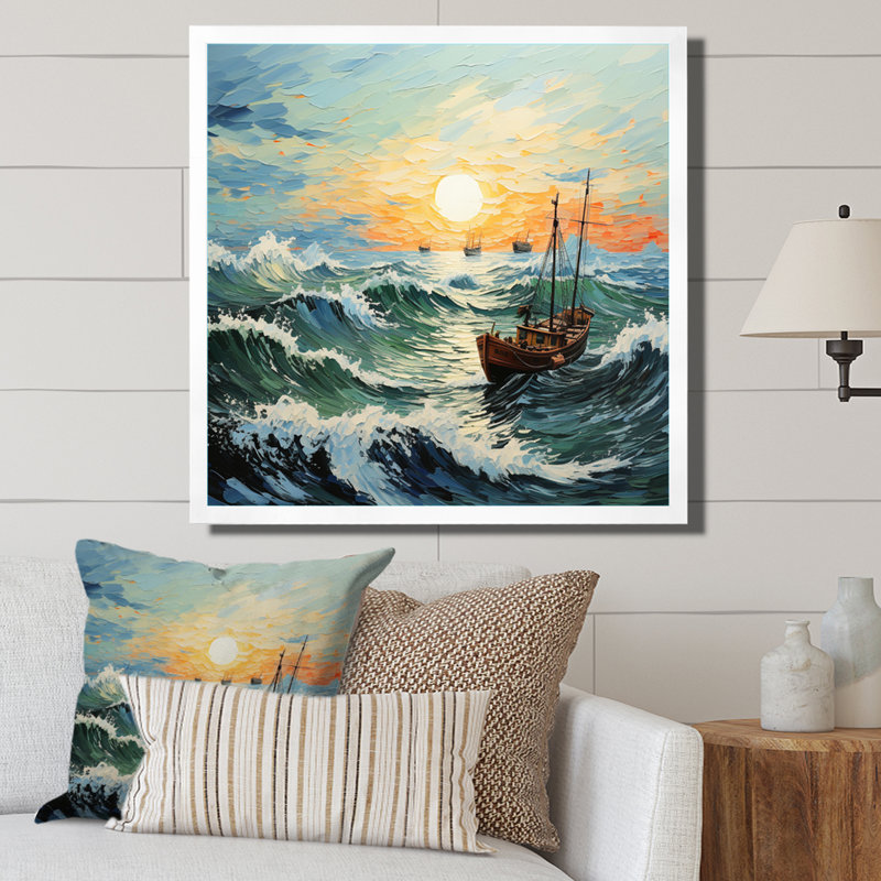 Paysage marin de Vangogh avec pêche I, H 24 po x l 24 po x P 1 po, Cadre simple blanc