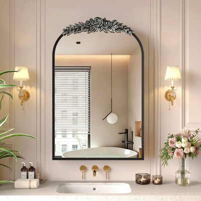 Vintage Medicine Cabinet Mirror With Storage, 24" X 36" Arch Bathroom Wall Mount Mirror Cabinet With Carved Top, Recessed & Surface Mount Bathroom Cabinet With Adjustable Shelf & Jewelry Hooks