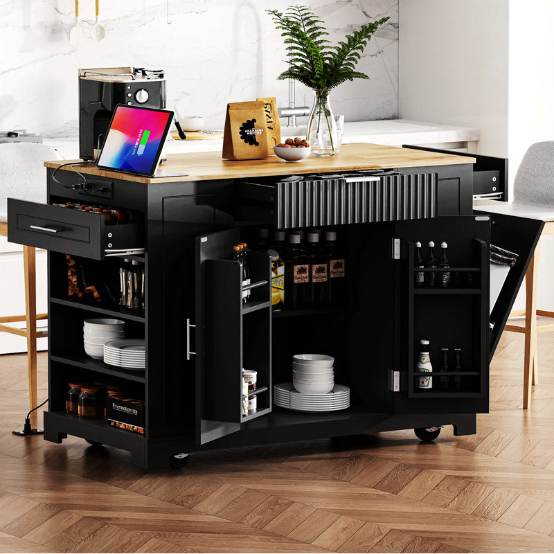Fluted Kitchen Island with Trash Can Storage Cabinet, Power Outlet, Internal Storage Rack, Rolling Kitchen Islands on 5 Wheels with 3 Drawer, 3 Open Side Racks for 10 Gallon Garbage Bin