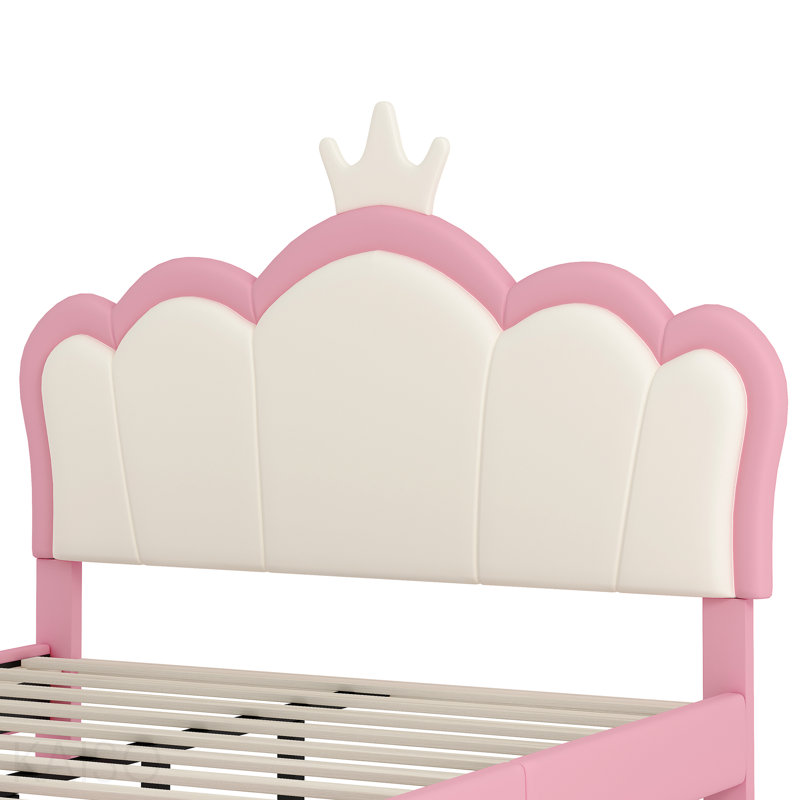 Lit double tapissier princesse pleine grandeur avec tête de lit couronne, lit plateforme double avec tête de lit et pied de lit, crème et rose