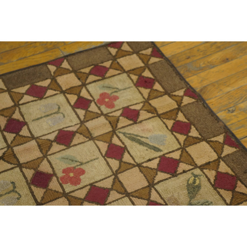 Antique Early 20th Century American Geometric Floral Folk Art Design Small Hooked Rug
