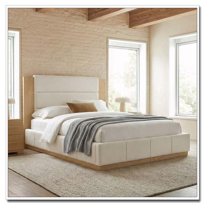 Structure de lit plateforme tapissier avec base en bois, aucun sommier nécessaire, Blanc, Grand lit