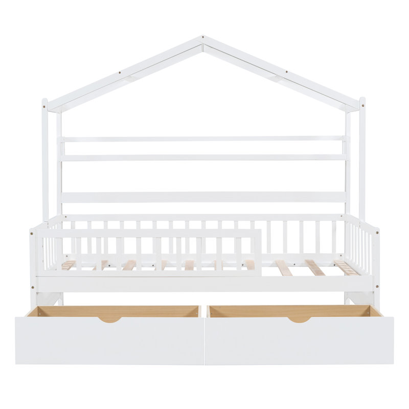 Lit de maison en bois avec 2 tiroirs, lit pour enfant avec tablette de rangement,, Lit simple
