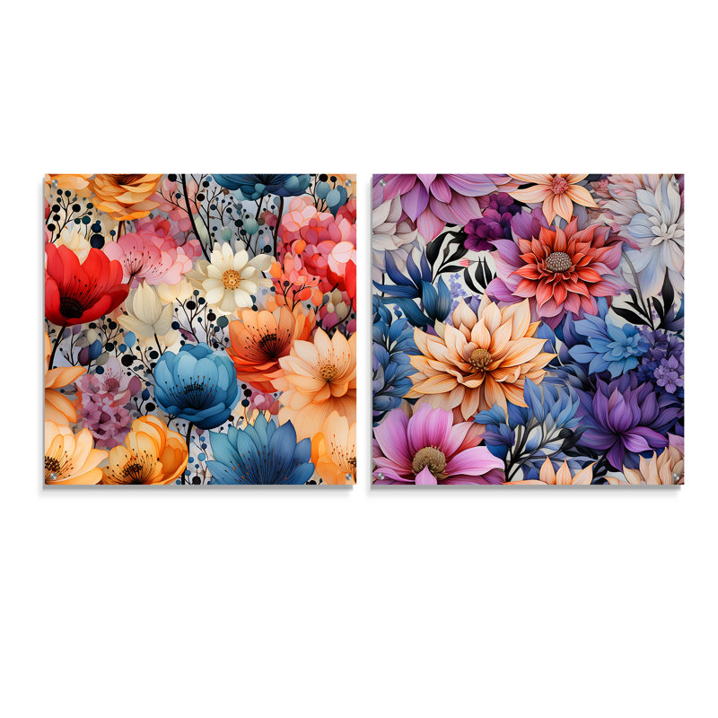 Multicolor Watercolor Fantasy Floral Pattern - Floral Acrylic Wall Art Glass Set Of 2, 16" H x 33" W
