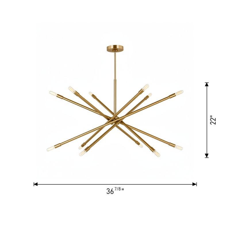 12 - Light Dimmable Sputnik Modern Linear Chandelier, 23" H x 42" W x 42" D, Polished Nickel