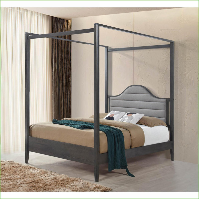 Lit à baldaquin en bois pleine grandeur avec tête de lit tapissier - Brun brossé pour chambre à coucher