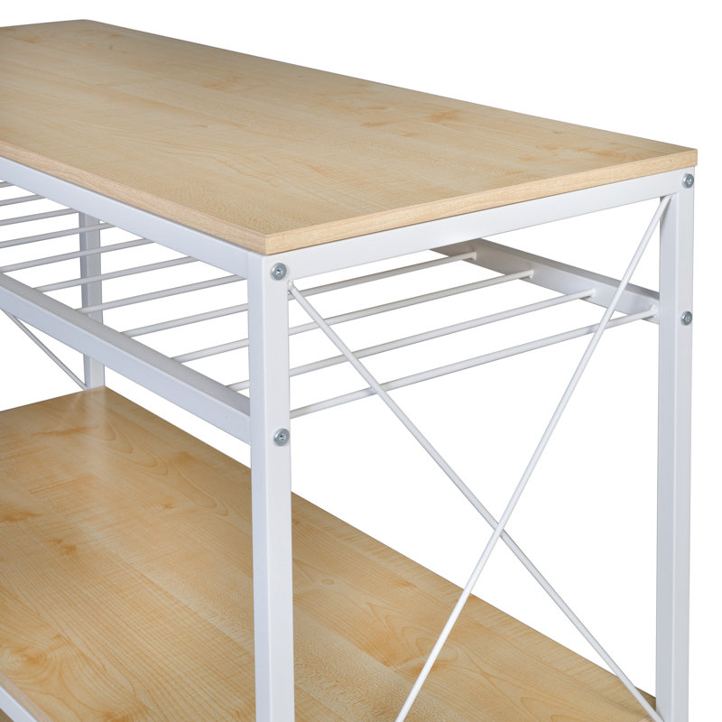 White and Oak Rolling Kitchen Cart with Wine Rack and Storage