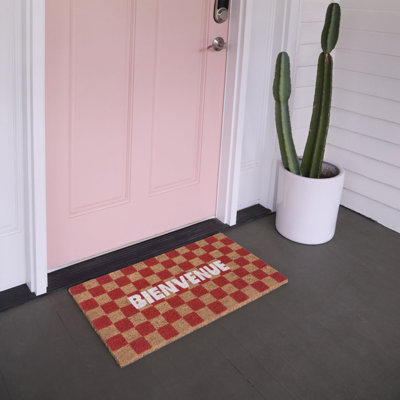 Bienvenue Red Checkered Doormat