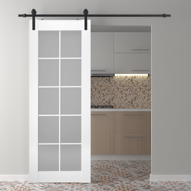 Polar White Frosted Glass and Composite Wood Sliding Barn Door Kit