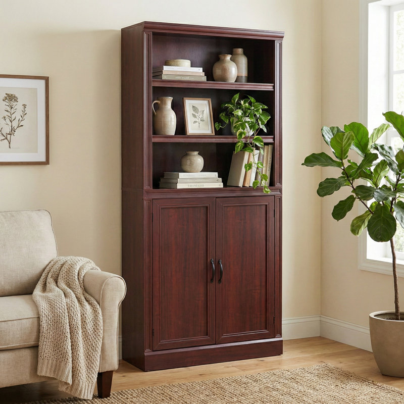 Grande bibliothèque de style champêtre de 191 cm (75,2 po), tablette à 6 niveaux, étagères ouvertes avec portes, bois de cerisier