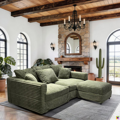 Anneisha Bentura Corduroy 102.4"W Convertible Modular 4 Seater Sectional, Chaise Lounge, 1 Ottoman
