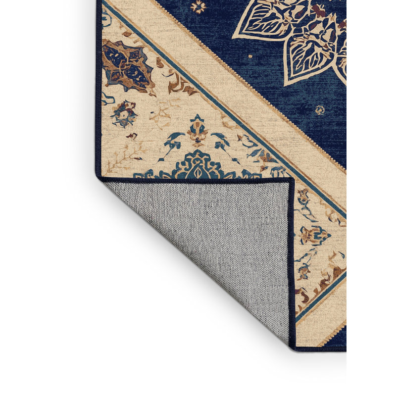 Machine Washable Bensonhurst Classic Oriental Rug in Gray – Navy Binding, 7' Square