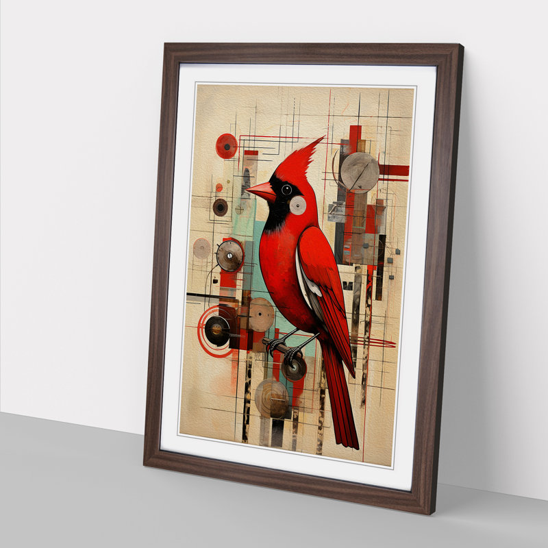 Cardinal Bird Constructivism No.2 - Single Picture Frame Print on Wood, Walnut Framed, 46cm H x 34cm W x 2cm D