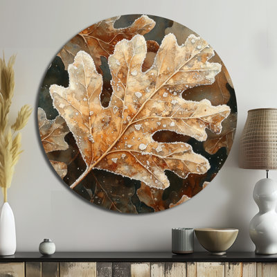 Frosty Oak Leaf I - reproduction d'art en métal brun traditionnel, feuilles rondes, art mural en métal