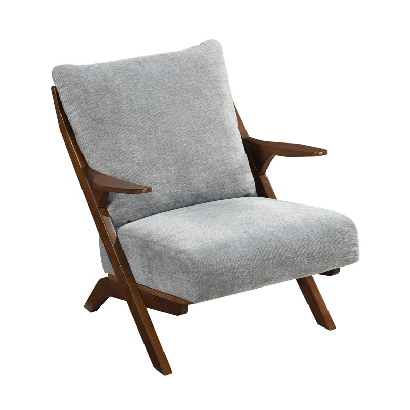 Fauteuil d'appoint moderne du milieu du siècle avec structure en bois d'hévéa massif, revêtement en chenille grise et finition marron