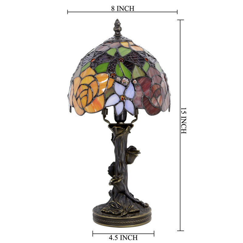 Small Tiffany Table Lamp Stained Glass Desk Lamp Red Yellow Rose Style Bedside Desk Light Mini Accent Desk Memory Lamp 8X15 Inch